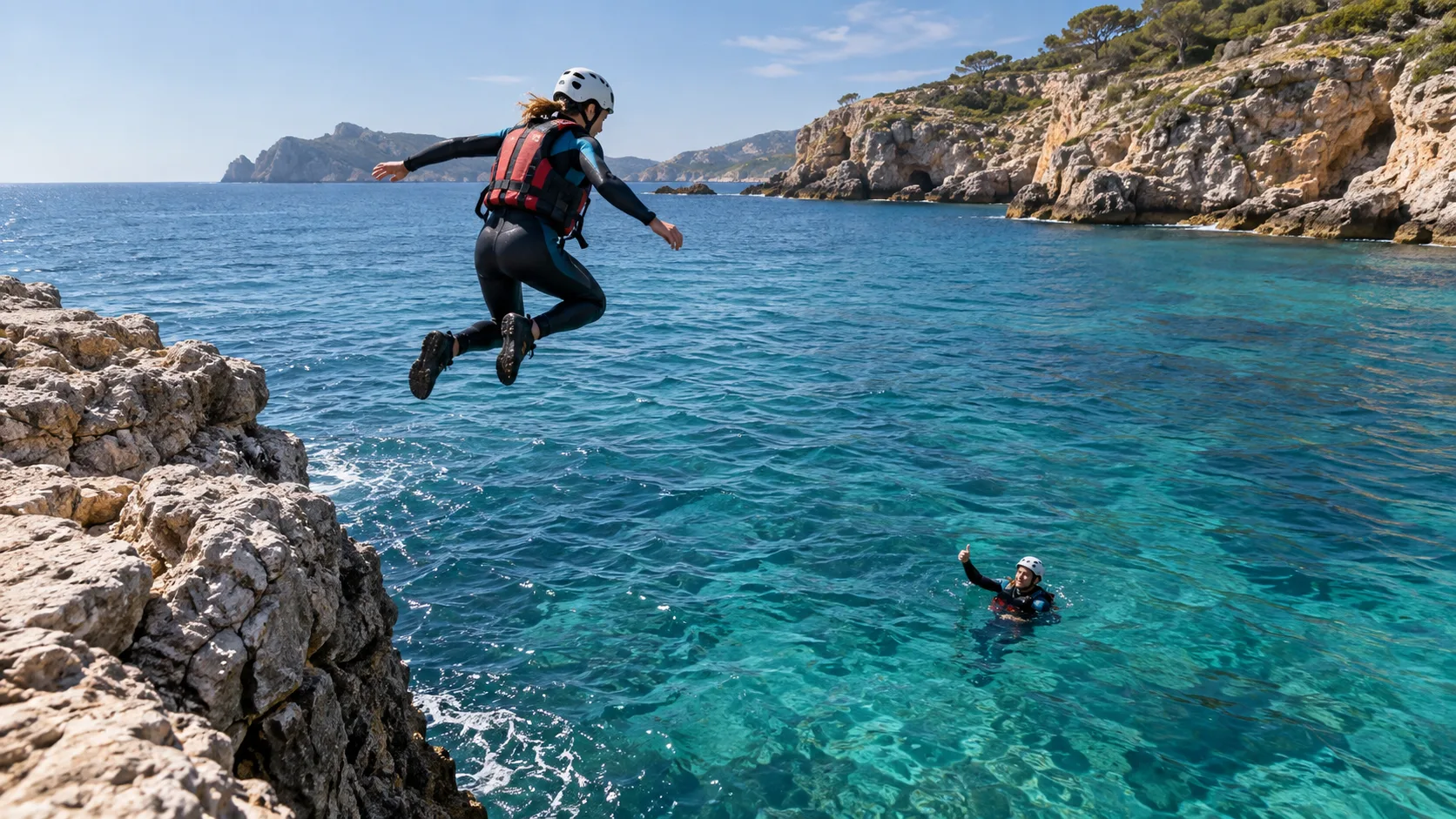 Coasteering en Mallorca: salto al mar desde acantilados rocosos con neopreno y casco