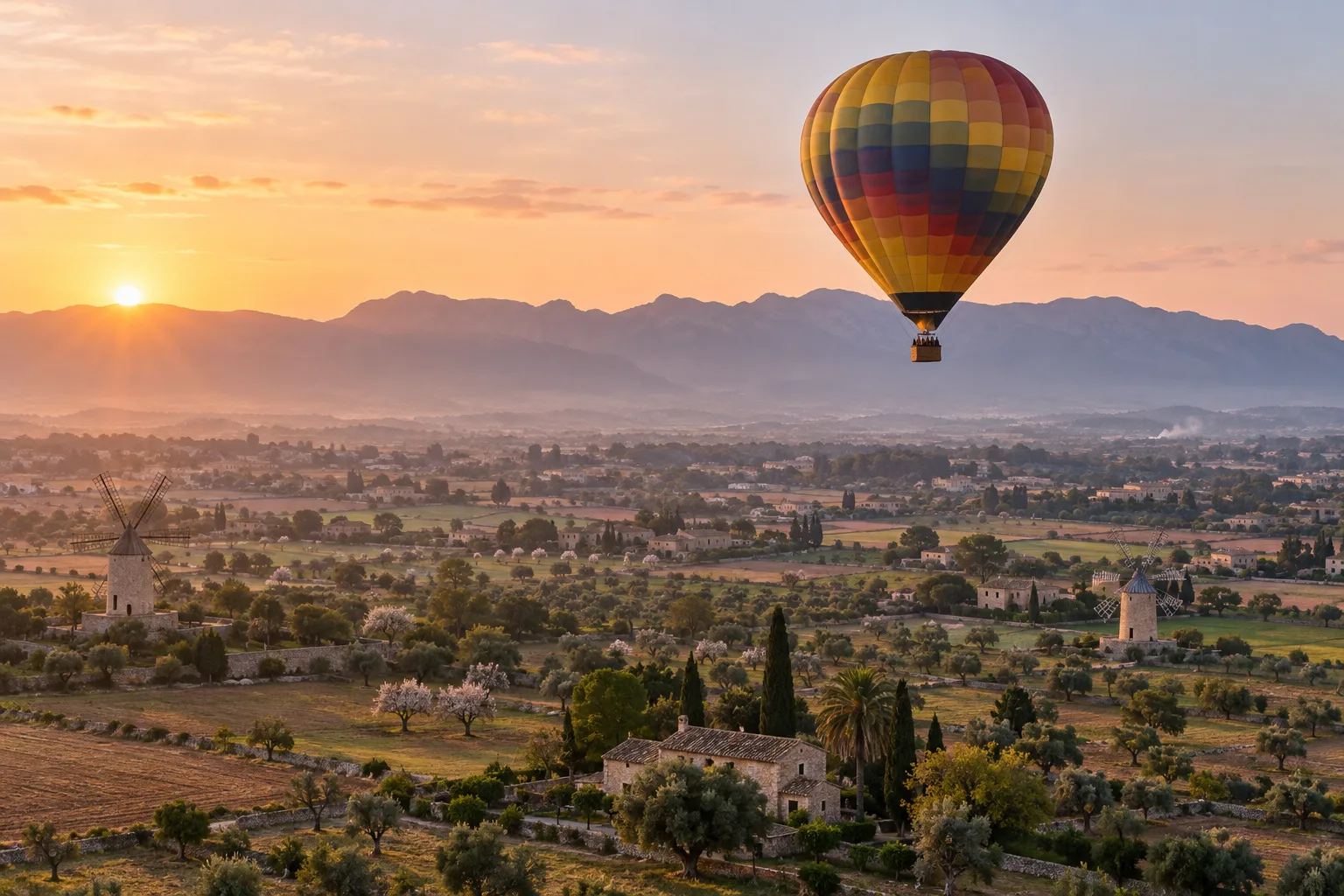 Vuelo en globo aerostático sobre los valles y molinos de Mallorca al amanecer