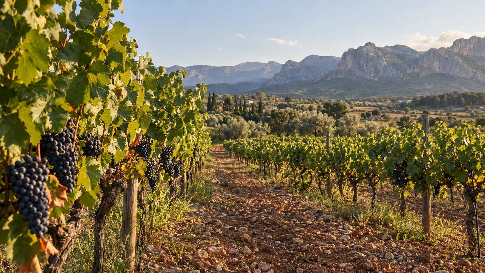 Viñedos de Binissalem al pie de la Serra de Tramuntana