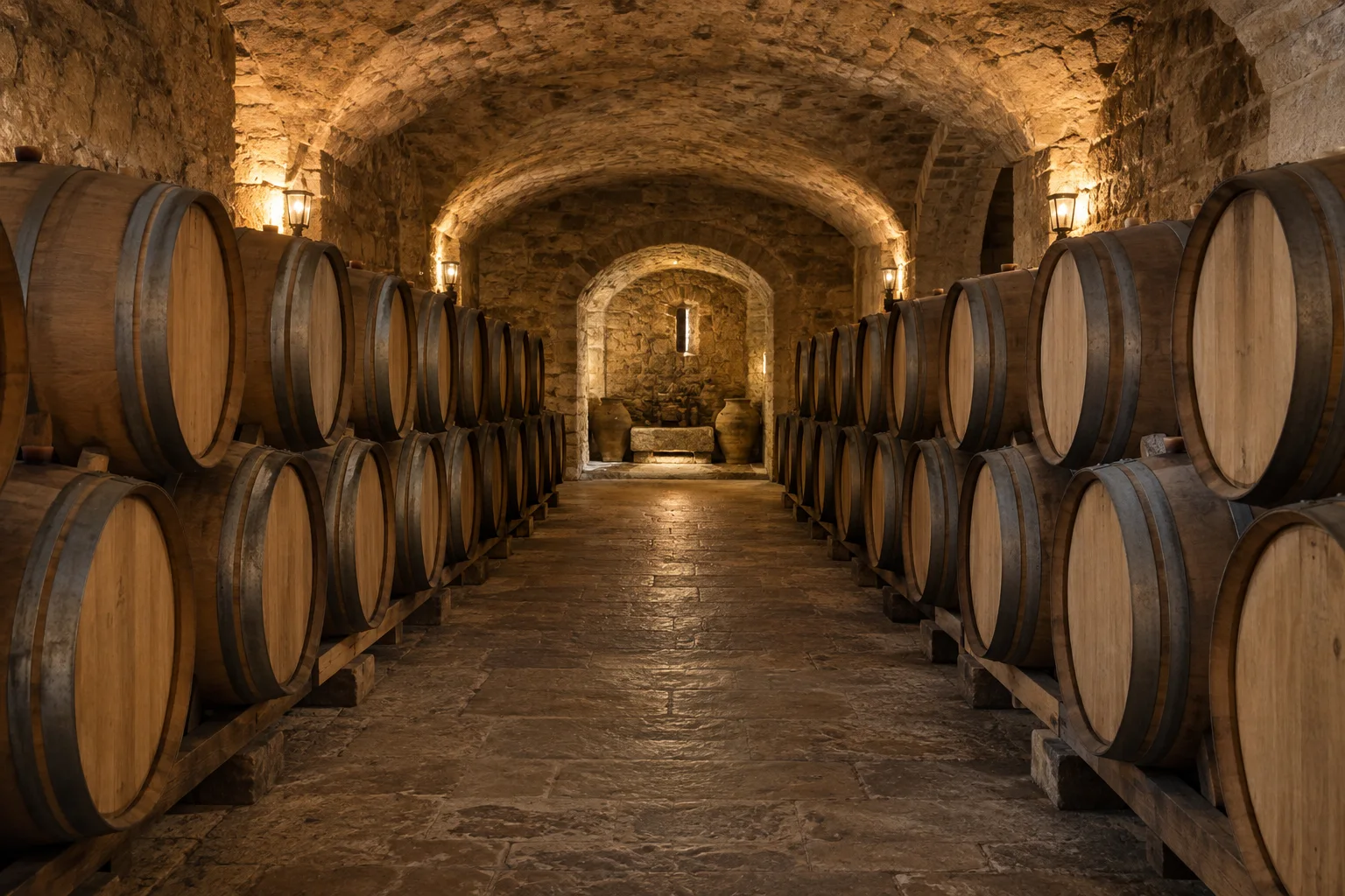 Sala de crianza con barricas de roble en una bodega tradicional de Mallorca
