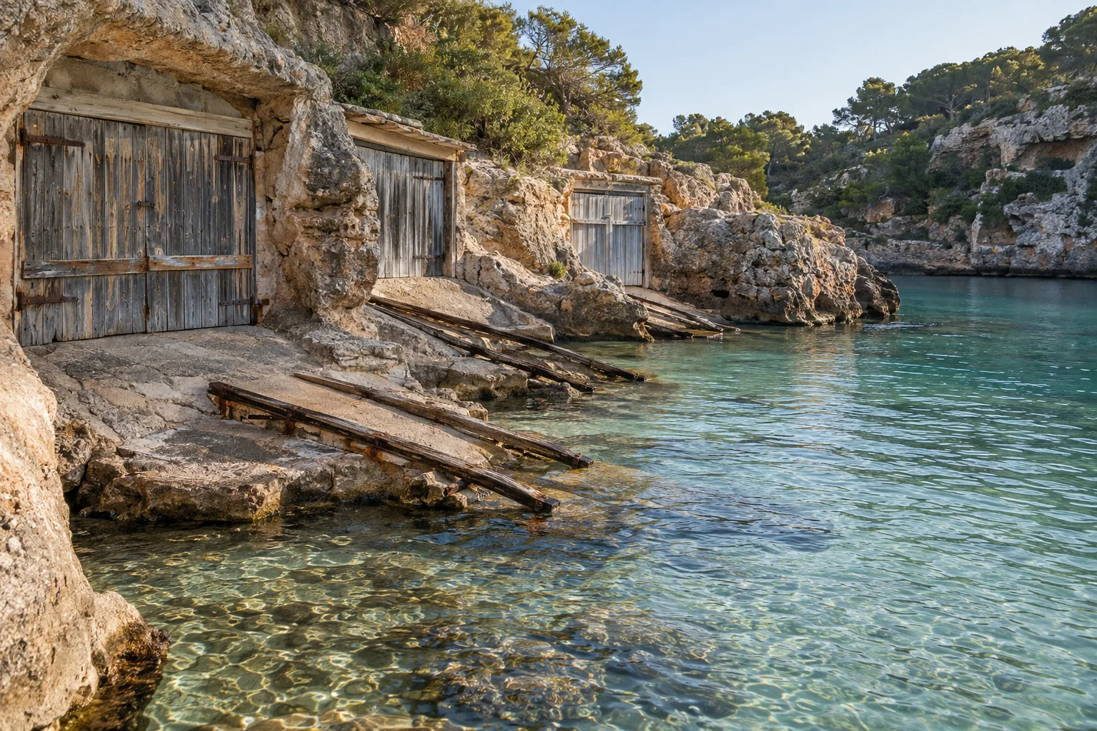 Casetas de pescadores tradicionales excavadas en la roca en Cala Llombards