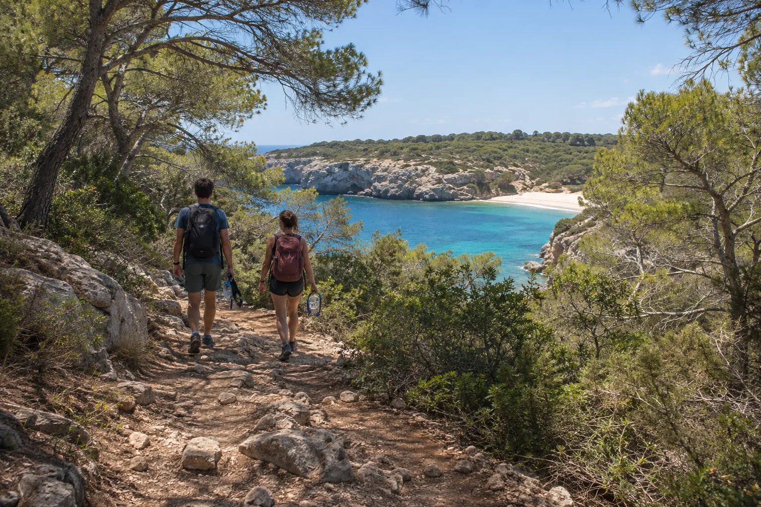 Sendero de tierra entre pinares hacia la cala virgen de Cala Varques en Mallorca