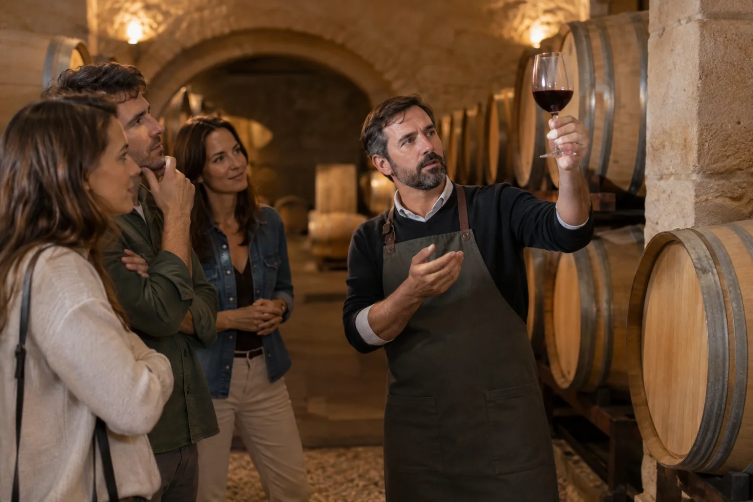 Sumiller explicando las características del vino de Mallorca en una sala de barricas