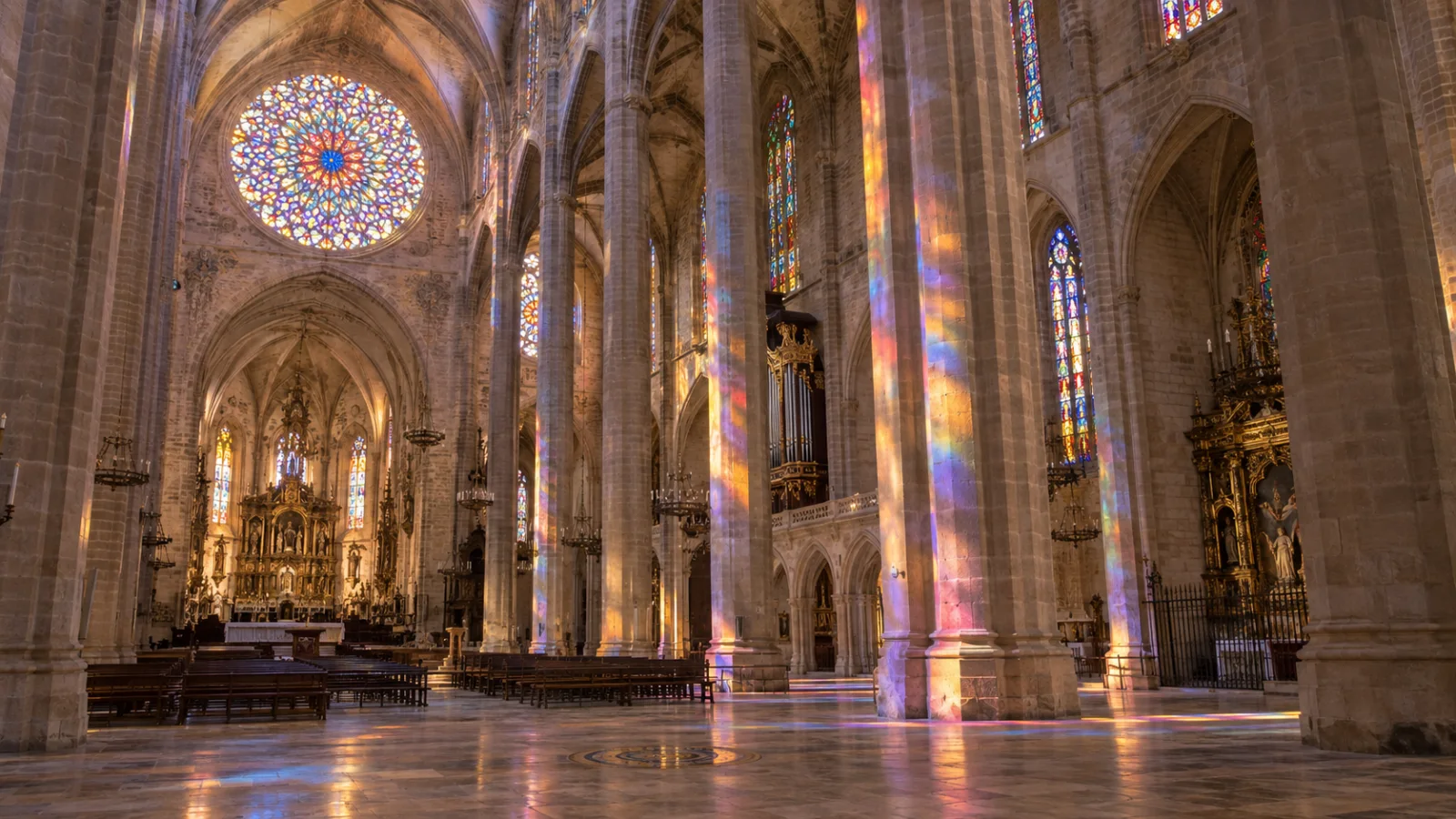 Rosetón y nave interior de la Catedral de Mallorca