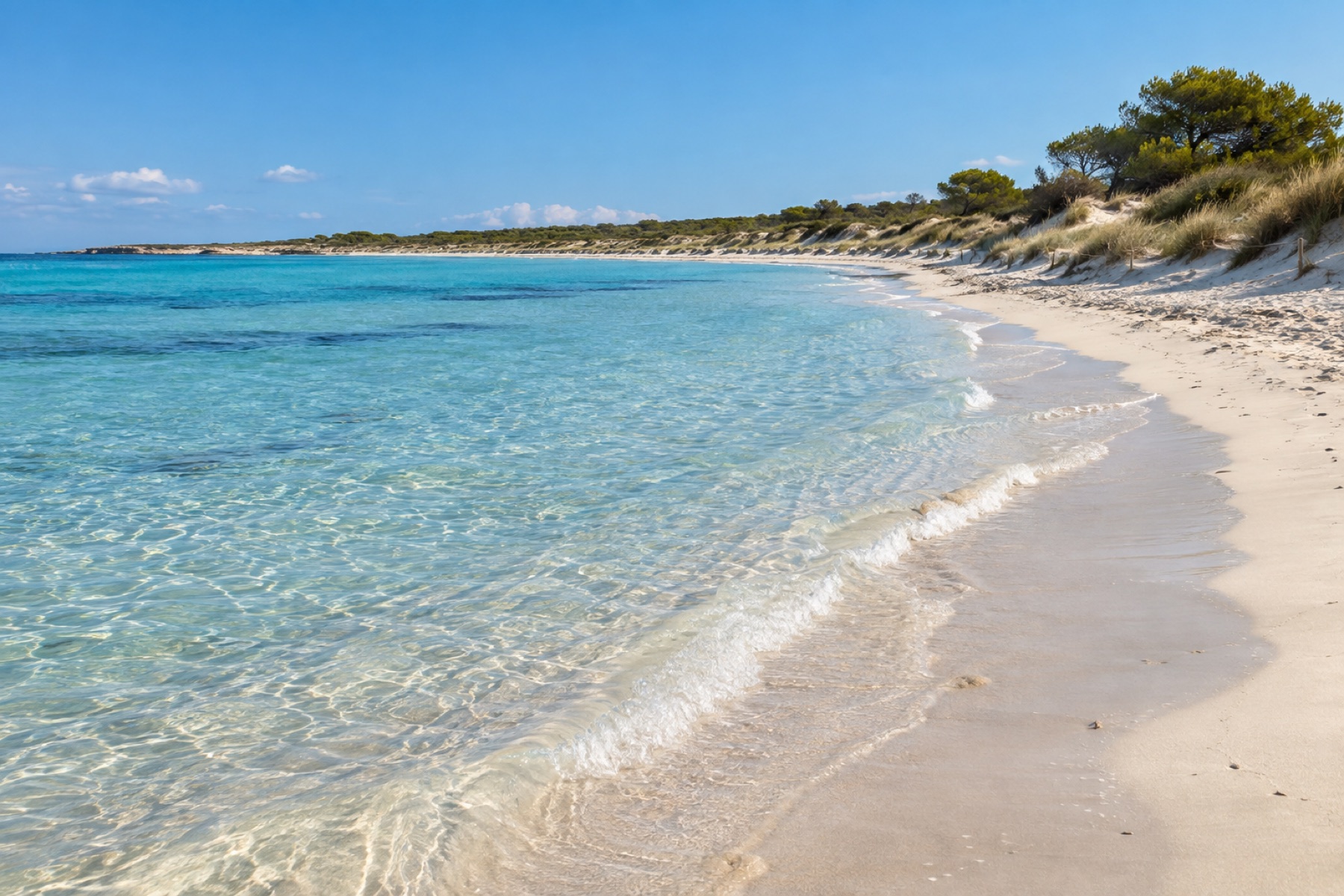Playa de Es Trenc con arena clara y aguas cristalinas en el sur de Mallorca
