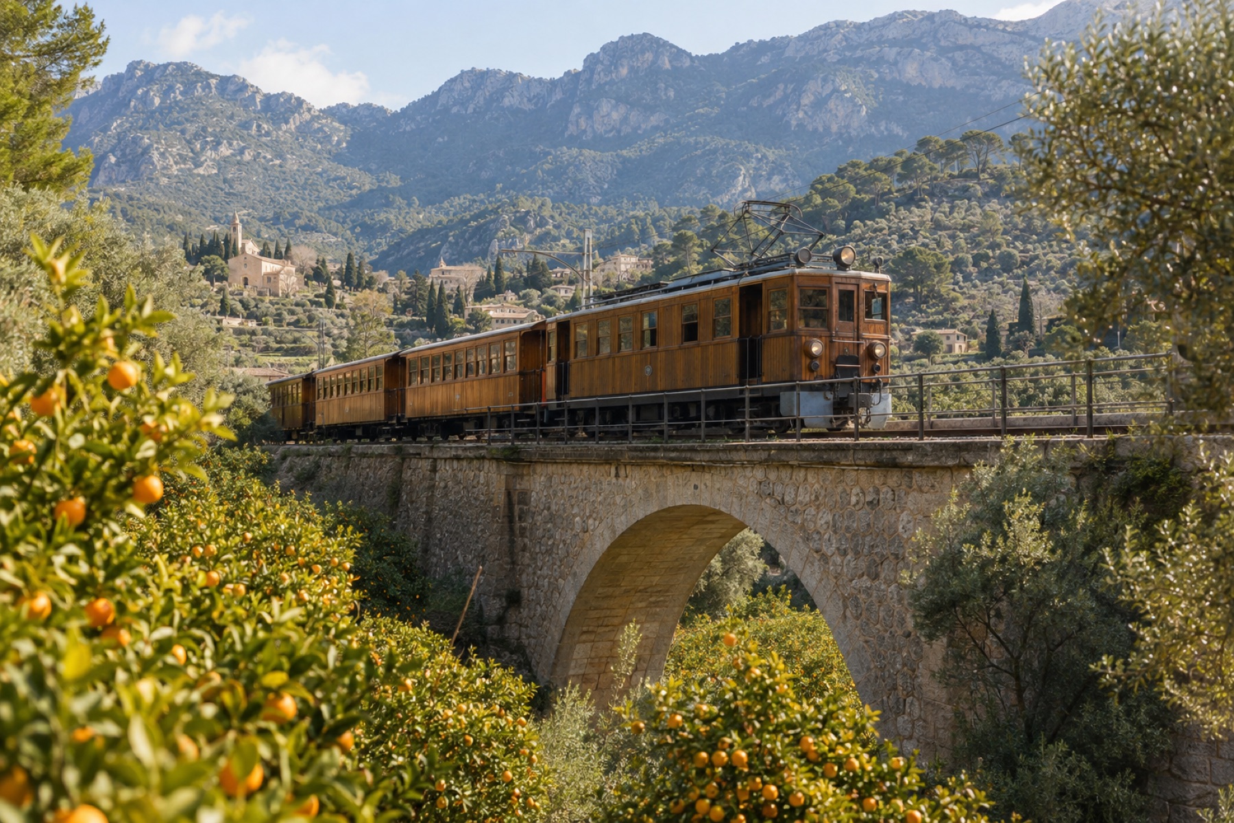 Tren histórico de Sóller cruzando la Serra de Tramuntana en Mallorca