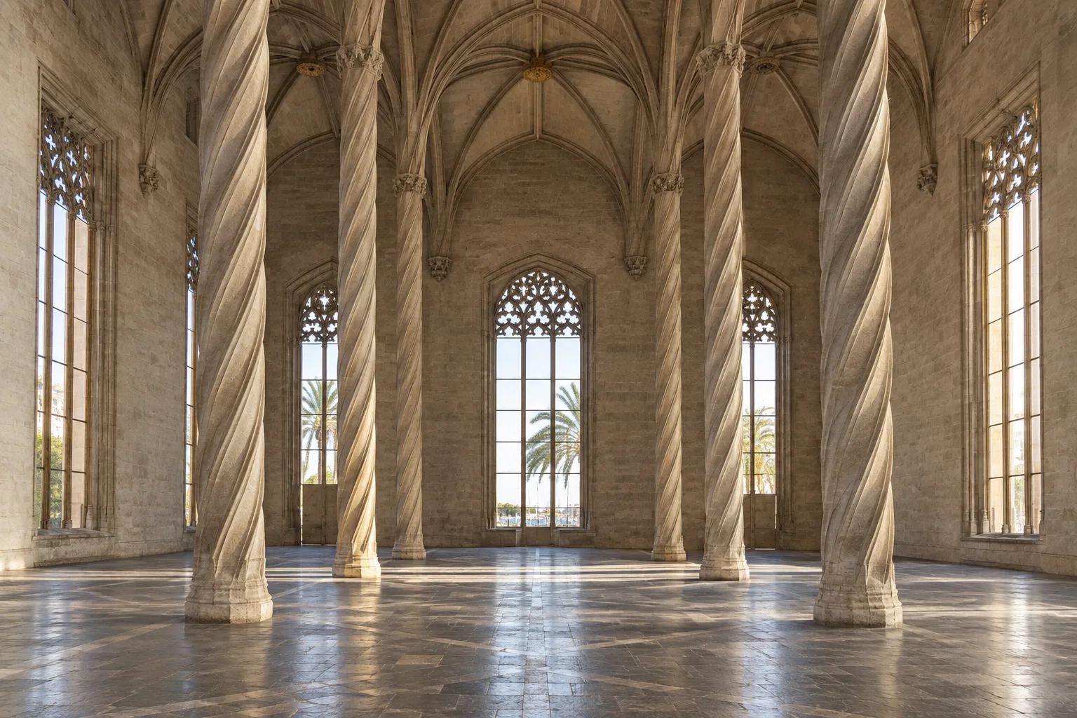 Columnas helicoidales y bóvedas góticas en el interior de La Lonja de Palma