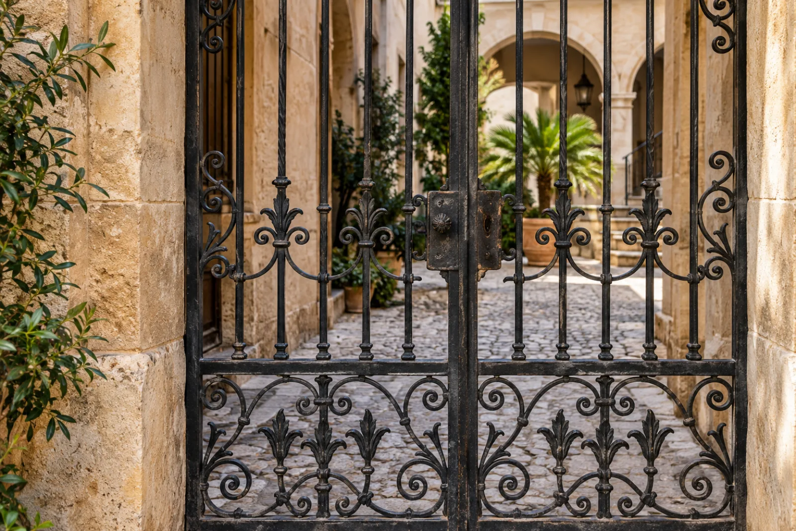 Cancela de hierro forjado que protege un patio privado del centro histórico de Palma