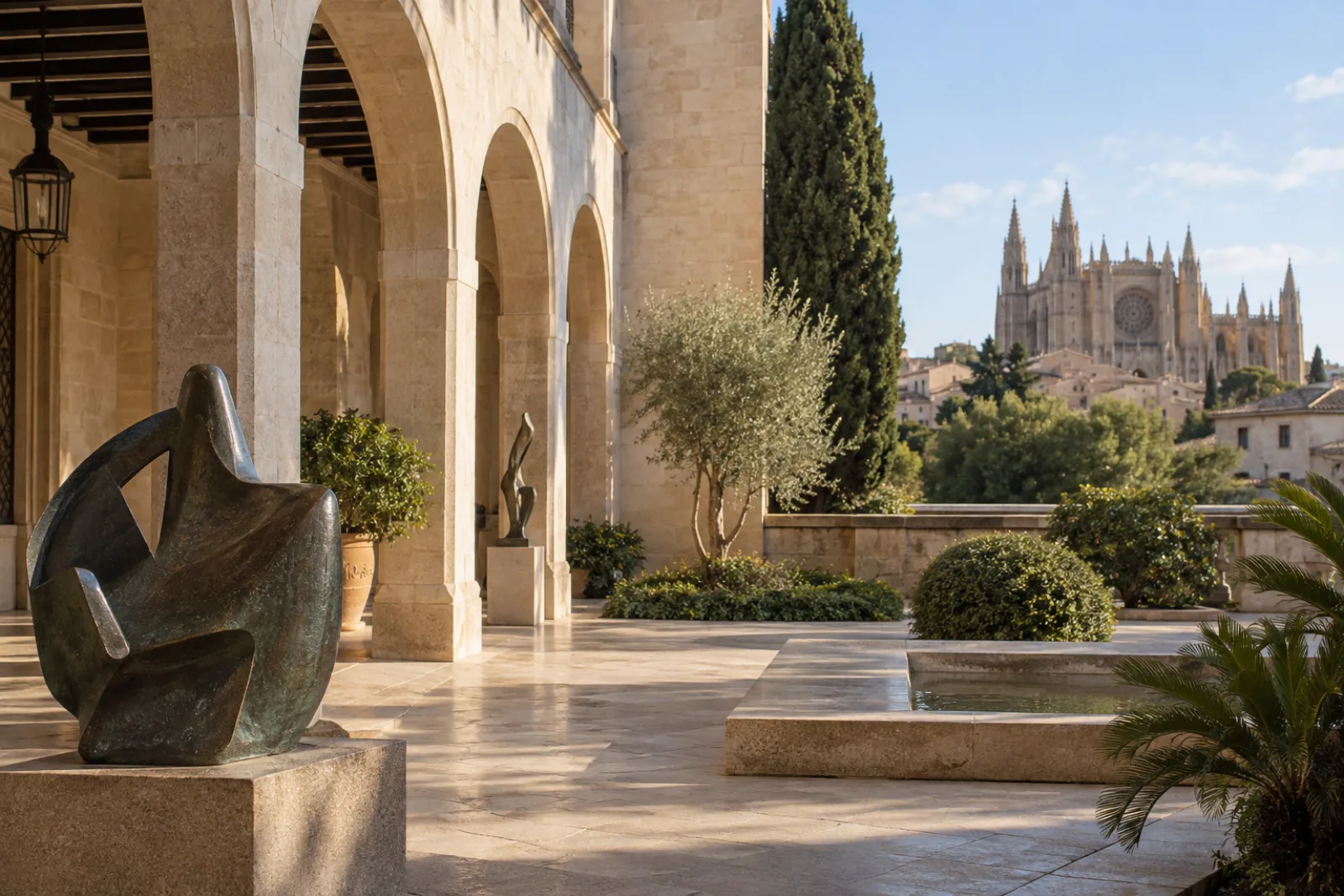 Patio del Palau March de Palma con esculturas y arquitectura de piedra