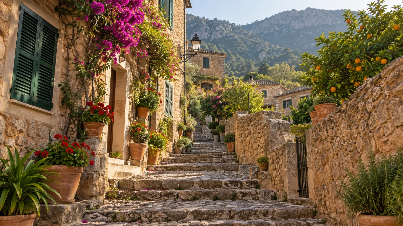 Calle empedrada entre casas de piedra en Fornalutx