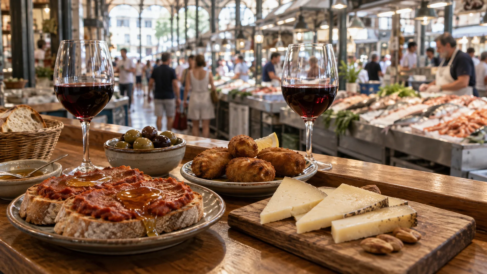 Tapas y vino local en el Mercat de l’Olivar de Palma
