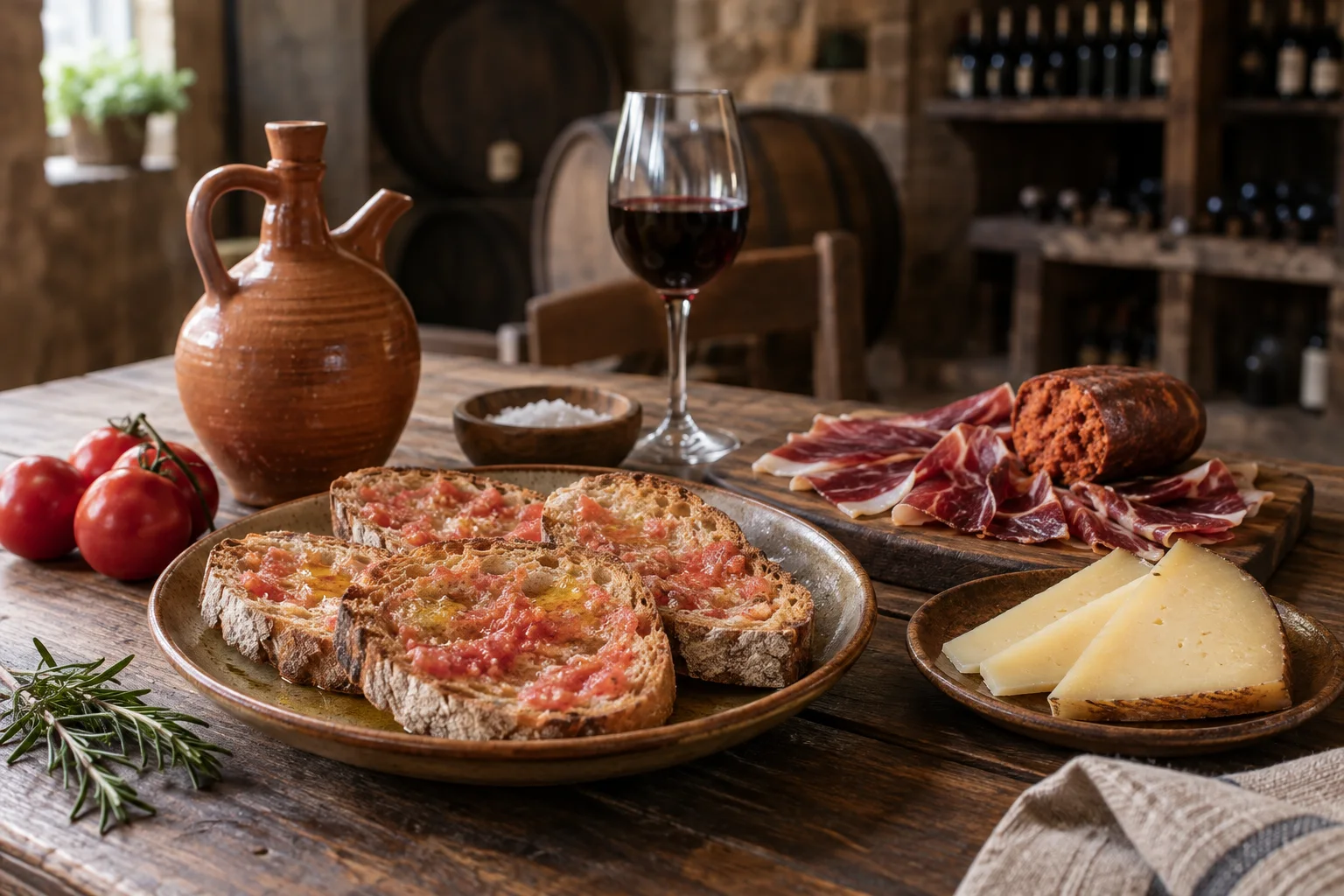 Pa amb oli tradicional con sobrasada de cerdo negro, queso de Mahón y jamón ibérico